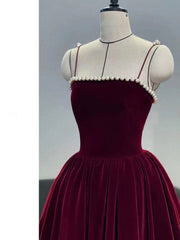 Burgundy Velvet tea length prom dress, burgundy evening dress
