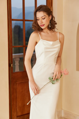 White Spaghetti Straps Slip Dress Simple Wedding Dress Train Dress