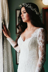 Sheath V-Neck Long Tulle Sleeves Backless Wedding Dress with Appliques