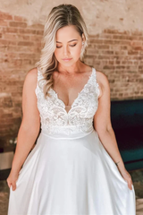 A Line Floral Lace Open Back Ivory Long Wedding Dresses