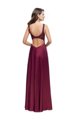 Deep V-neck lace applique sleeveless side slit and floor length evening dress