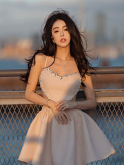 Unique champagne satin short prom dress, cute homecoming dress