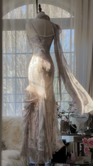 Light Pink Straps Mermaid Beaded Long Evening Dresses Birthday Outfits, HZ0319