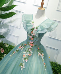 Green tulle lace long prom gown, tulle lace evening dress