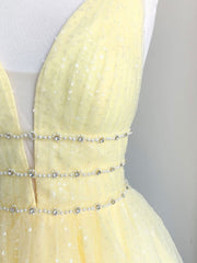 Yellow v neck tulle sequin short prom dress yellow formal dress