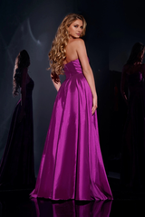 A-line off shoulder satin side slit and floor length evening gown