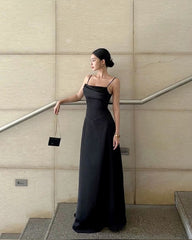 Spaghetti Straps Black A Line Long Prom Dresses Back Open
