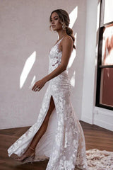 Mermaid V Neck Elegant Lace Boho Wedding Dresses with Slit
