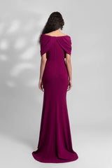 Hanging off shoulder crepe side slits and floor length gowns evening dresses
