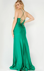 Spoon neck tight corset with thin shoulder straps slit and floor length evening dress