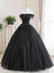 Black tulle lace long prom dress, black tulle lace evening dress