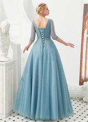 Blue Glittering Puffy Ball Gown Prom Dress With Beadings