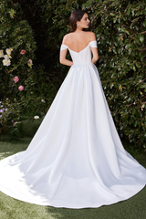 Satin off shoulder and floor length wedding dress