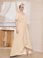 V-neck ruffle sleeves asymmetrical mother of the bride dress