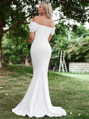 Mermaid off shoulder satin backless and floor length wedding dress