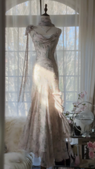 Light Pink Straps Mermaid Beaded Long Evening Dresses Birthday Outfits, HZ0319