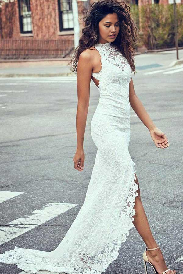 Mermaid High Neckline Lace Backless Wedding Dresses With Court Train