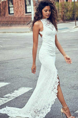 Mermaid High Neckline Lace Backless Wedding Dresses With Court Train