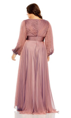 A-line V-neck long sleeved high waisted pleated shirt body Prom dress