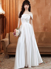 Simple white satin long prom dress, white long bridesmaid dress