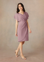 Sheath V-Neck Pleated Chiffon Dusty Rose Tea Length formal dresses evening dress Mother of the Bride Dresses