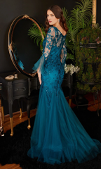 Peacock blue deep V-neck lace decal transparent trumpet sleeves fish tail prom dress