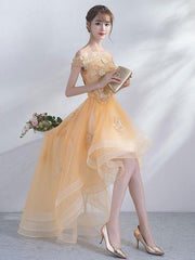 Champagne tulle lace short prom dress, champagne evening dress