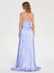 Thin shoulder strap soft satin and floor length bridesmaid dress