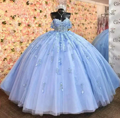 Elegant Blue Beaded Applique Off-the-shoulder Sweet 16 Quinceanera A-Line Prom Dress Birthday Dress Evening Dress Ball Gown HZ1024