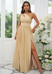 A-line One Shoulder formal dresses evening gown Bridesmaid Dresses with Slit