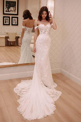 Mermaid Off Shoulder Appliques Court Train Chiffon Wedding Dress with Lace
