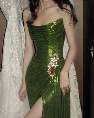 Vintage Dark Green Sheath Sequin Evening Gown Strapless Slit Party Dress Floor Length Formal Dress HZ1024