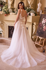 White 3D floral decal long sleeveless sweetheart wedding dress