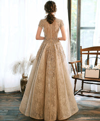 Champagne Lace High Low Short Sleeves Prom Dress, High Low Homecoming Dress