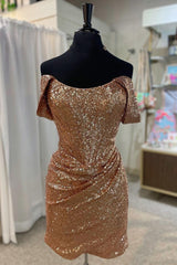 Sequin Off-the-Shoulder Ruched Cocktail Dress