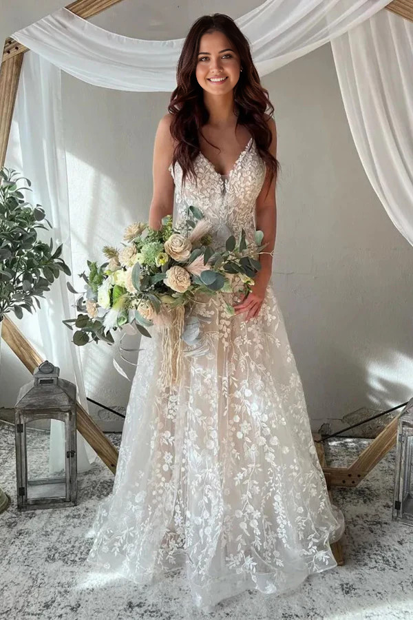 A-Line Elegant Spaghetti Straps Key Hole Back Wedding Dress
