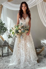 A-Line Elegant Spaghetti Straps Key Hole Back Wedding Dress