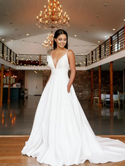 A Line V Neck Lace White Long Evening Dresses Wedding Dresses