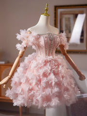 A-Line Tulle Beads Pink Short Prom Dress, Pink Homecoming Dress