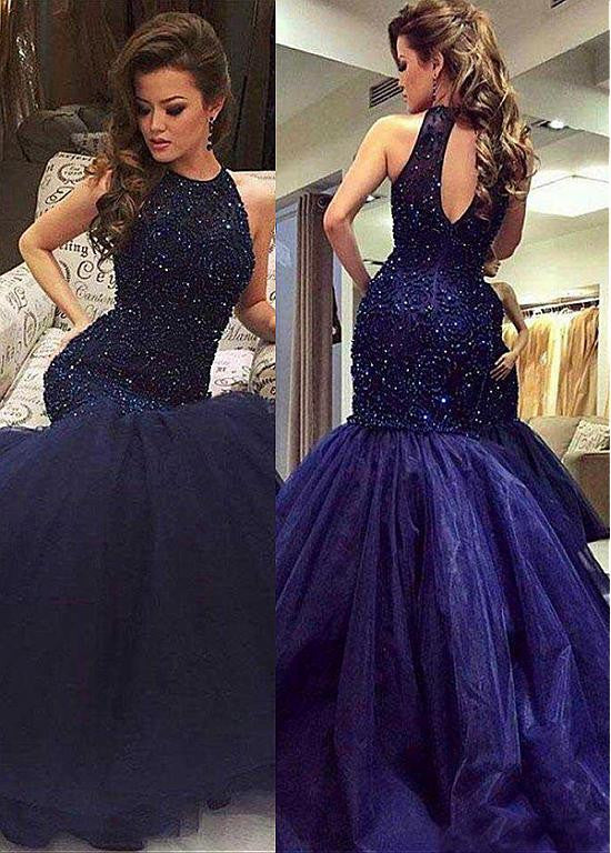 Tulle Halter Mermaid Formal Dresses With Beadings