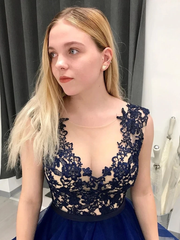 Dark Navy Blue Lace Appliques Round Neck Long Prom Dress