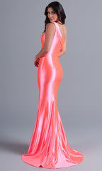 PromGirl One-Shoulder-Sash Neon Long Prom Dress