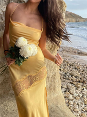 Sexy Satin Lace Splicing Long Evening Dress Yellow Prom Dress SH971