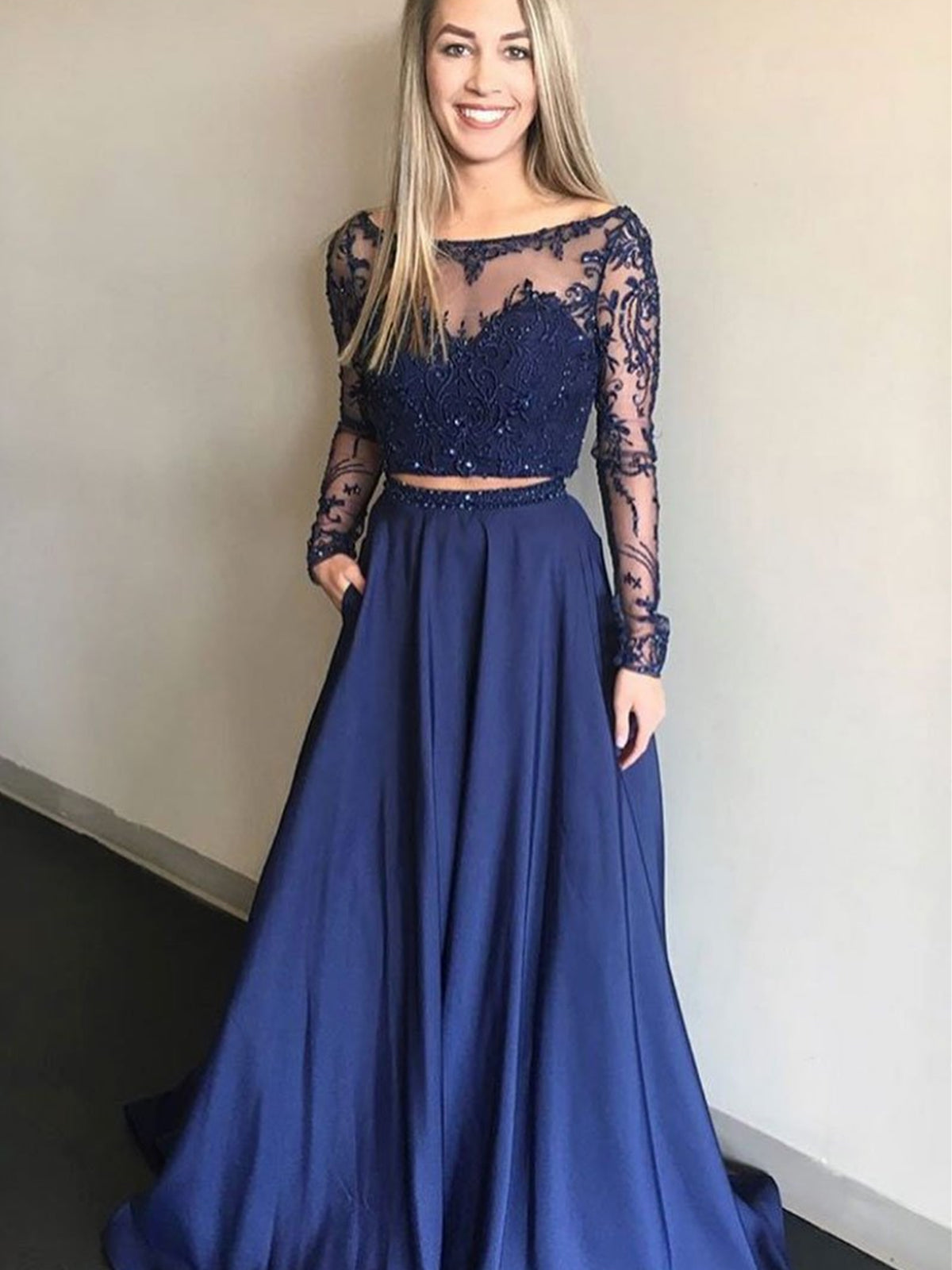 2 Pieces Long Sleeves Navy Blue Lace Prom Dresses, Navy Blue Two Pieces Lace Formal Bridesmaid Dresses