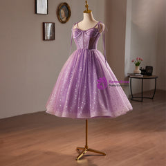 Purple Tulle Spaghetti Straps Tea Length Homecoming Dress, AST1076