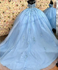 Elegant Blue Beaded Applique Off-the-shoulder Sweet 16 Quinceanera A-Line Prom Dress Birthday Dress Evening Dress Ball Gown HZ1024