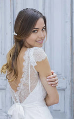 A-Line V-Neck Tulle Lace Short Cap Sleeves Backless Wedding Dress