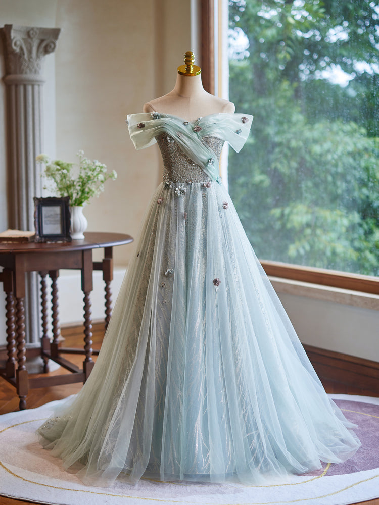 A-Line Off the Shoulder Tulle Long Prom Dress with Hand Made Flower