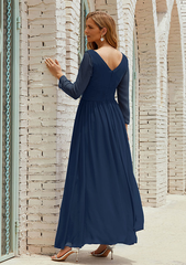 A-line V Neck FullLong Sleeve Ankle-Length Chiffon Mother of the Bride Dress With Pleated Pure Color