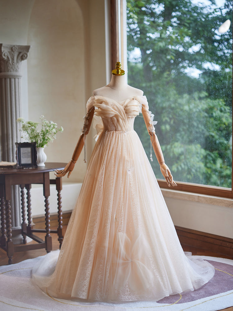 A Line Champagne Off the Shoulder Ruched Long Prom Dresses